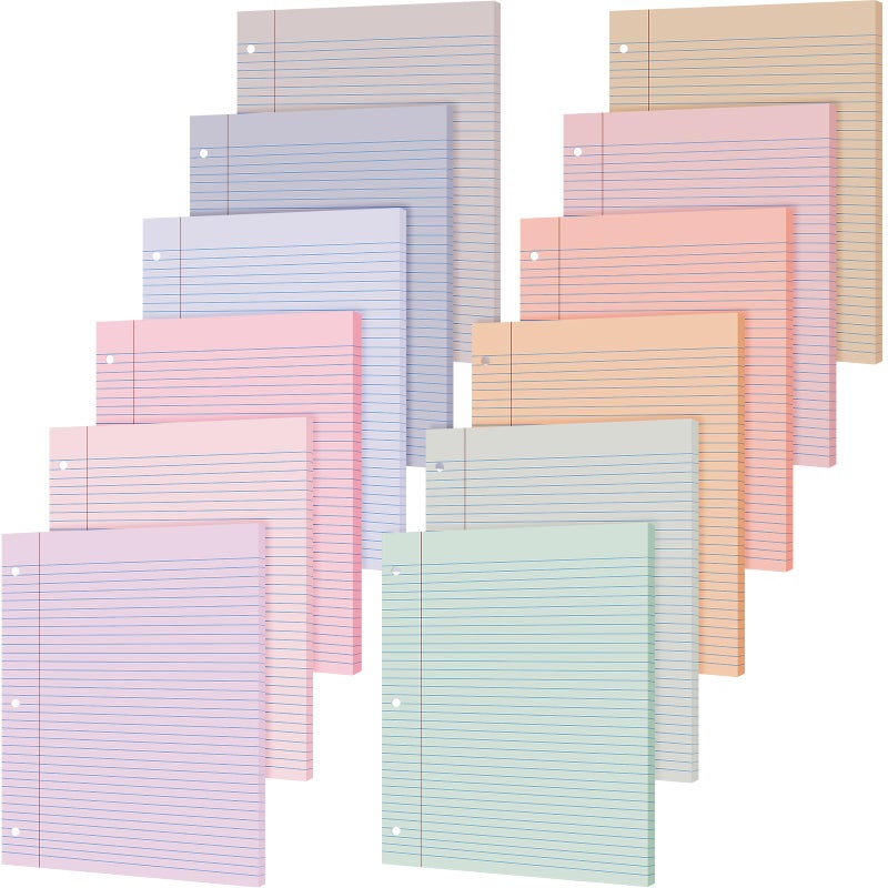 PerKoop 12 Pack 600 Sheets Colored Lined Paper Bulk Wide Ruled 8 x 105 Inches Pastel Loose Leaf Notebook Paper 3 Hole Punched Filler for Back School Classroom SuppliesFantasy Color