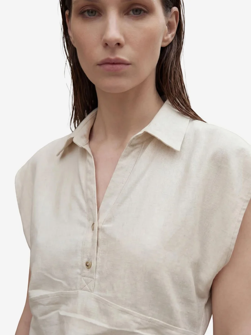 MY FASHION Cream Natural MY FASHION Linen Blend Crop Blouse & Accessory Detailed Midi Skirt Two-Piece Set for Women | Best Price UAE