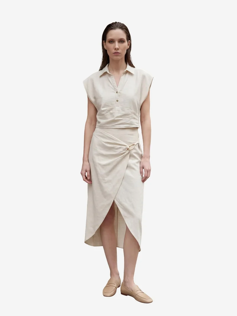 MY FASHION Linen Blend Crop Blouse & Accessory Detailed Midi Skirt Two-Piece Set