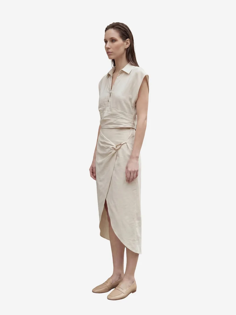 MY FASHION Cream Natural MY FASHION Linen Blend Crop Blouse & Accessory Detailed Midi Skirt Two-Piece Set for Women | Best Price UAE