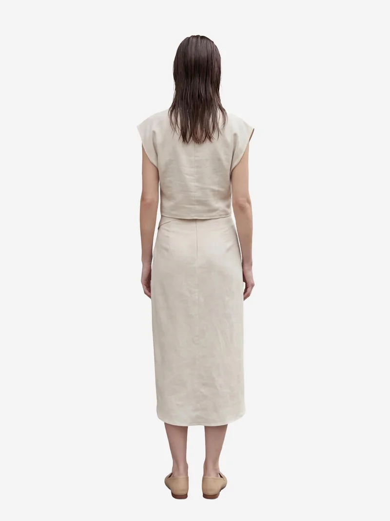 MY FASHION Cream Natural MY FASHION Linen Blend Crop Blouse & Accessory Detailed Midi Skirt Two-Piece Set for Women | Best Price UAE