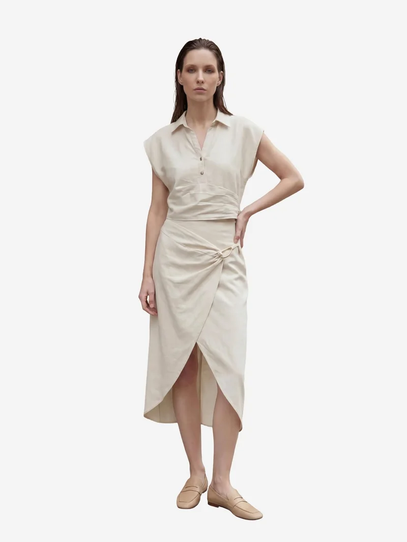 MY FASHION Cream Natural MY FASHION Linen Blend Crop Blouse & Accessory Detailed Midi Skirt Two-Piece Set for Women | Best Price UAE