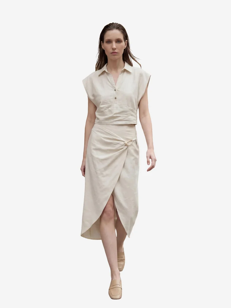 MY FASHION Cream Natural MY FASHION Linen Blend Crop Blouse & Accessory Detailed Midi Skirt Two-Piece Set for Women | Best Price UAE