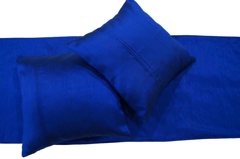 Vissage Raw Silk Double Bed Runner Set with Designer Cushion Covers, Blue - Image 3