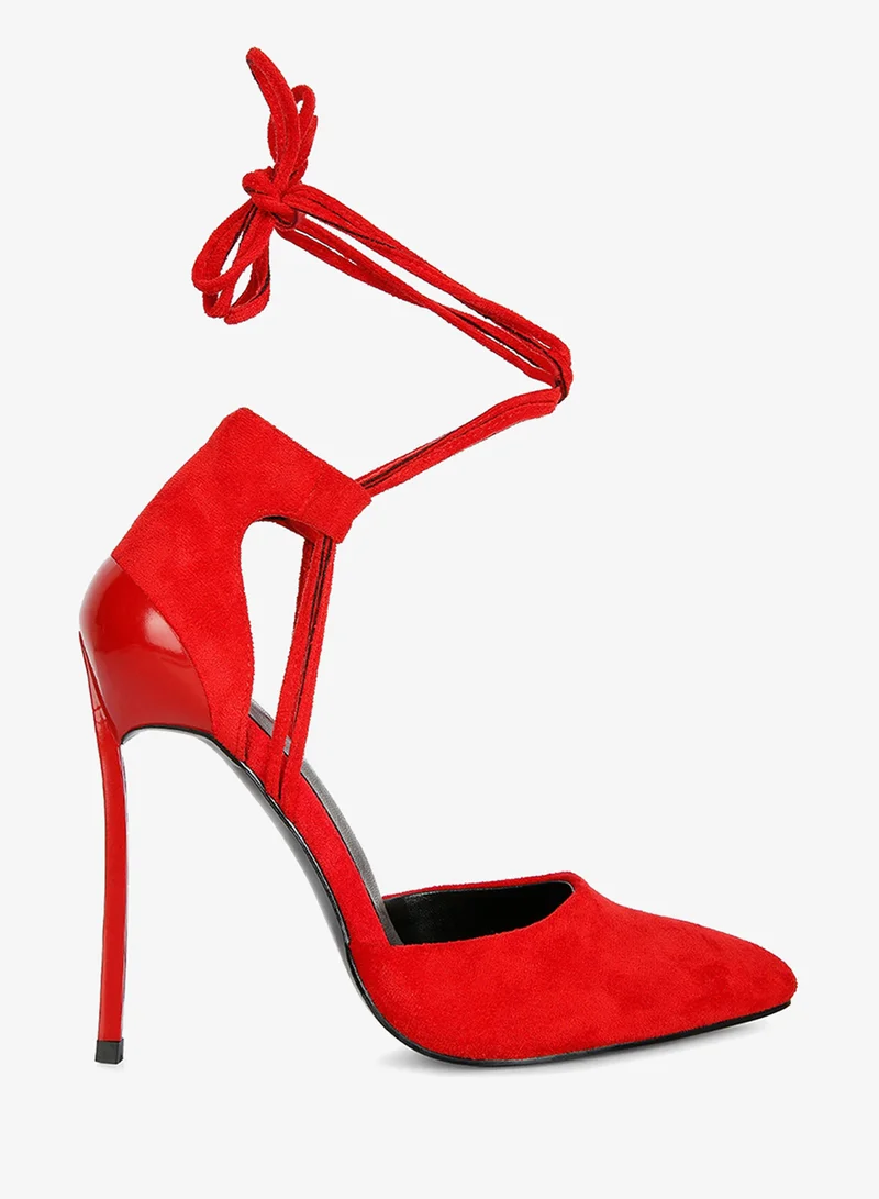 Lace Up Stiletto Heel Suede Sandals in Red
