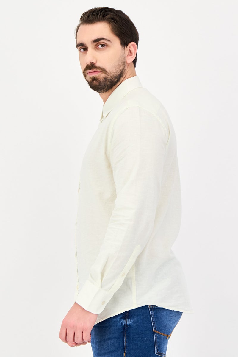 Nautica Jeans Men Regular Fit Plain Long Sleeve Casual Shirt, Cream - Image 3