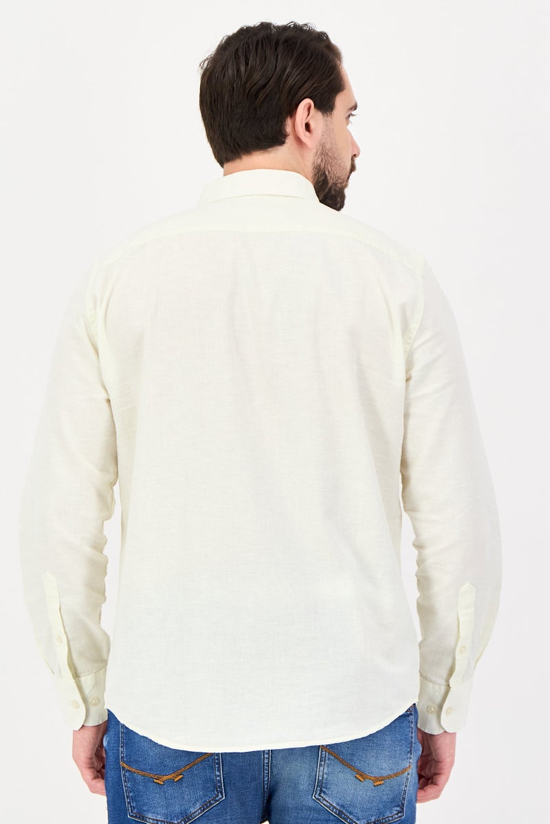 Nautica Jeans Men Regular Fit Plain Long Sleeve Casual Shirt, Cream - Image 2