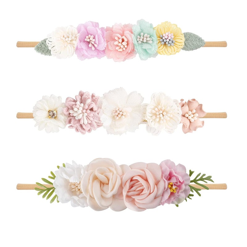 mligril Baby Girl Nylon Headbands Flower Hair Bows Accessories-Elastic Hair Band Crown Handmade FLoral Wraps Birthday Gifts for Girls Newborn Infant Toddler 3Pcs - Image 1