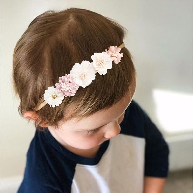 mligril Baby Girl Nylon Headbands Flower Hair Bows Accessories-Elastic Hair Band Crown Handmade FLoral Wraps Birthday Gifts for Girls Newborn Infant Toddler 3Pcs - Image 4