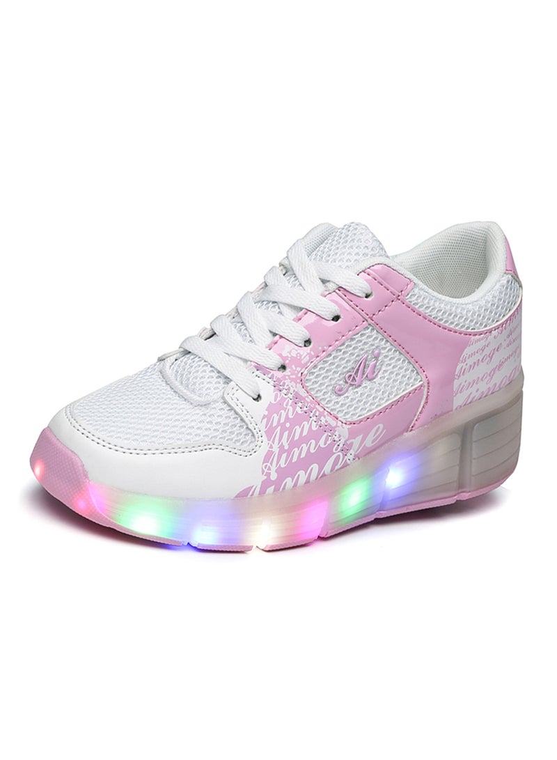 LED Flashing Wheeled Low Top Sneakers White/Pink - Image 2