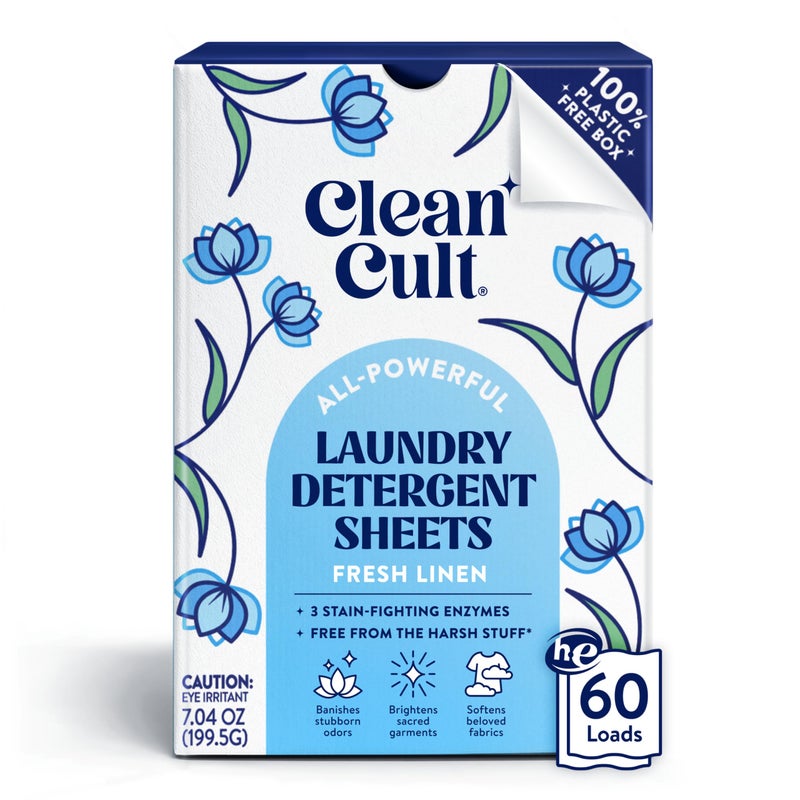 Cleancult Laundry Detergent Sheets - Resealable Box - 3 Stain Fighting Enzymes - Fresh Linen - 60 Loads - Free of Harsh Chemicals - No Mess - No Plastic Waste - Image 1