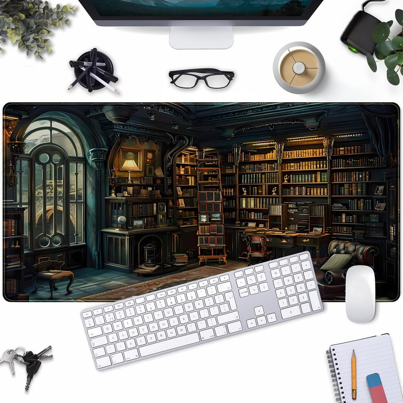 YKJWW Dark Gothic Desk Mat Gaming Desk Pad Large Mouse Pad, Magician'S Fantasy Bookcase Gothic Mouse Mat XXL Laptop Keyboard Pad, Laptop Keyboard and Mouse Mat Desktop Protector Mat 31.5 X 15.7 in - Image 1