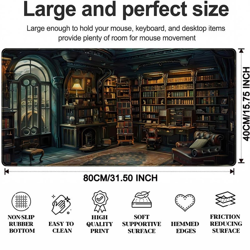 YKJWW Dark Gothic Desk Mat Gaming Desk Pad Large Mouse Pad, Magician'S Fantasy Bookcase Gothic Mouse Mat XXL Laptop Keyboard Pad, Laptop Keyboard and Mouse Mat Desktop Protector Mat 31.5 X 15.7 in - Image 3