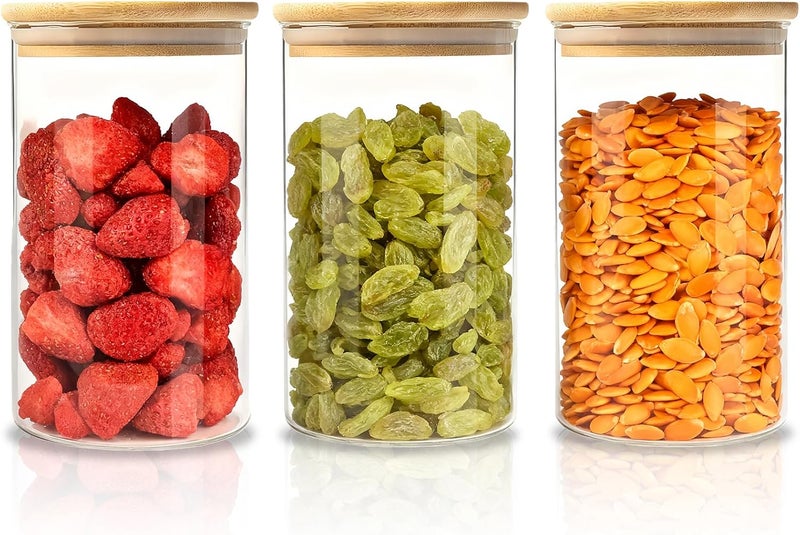 MEETOZ 1000ml Set of 3 Glass Jars with Bamboo Lids,High Borosilicate Glass Transparent Airtight Food Storage Tank,Large Capacity Kitchen Food Containers for Spices,Coffee Beans,Oatmeal - Image 1