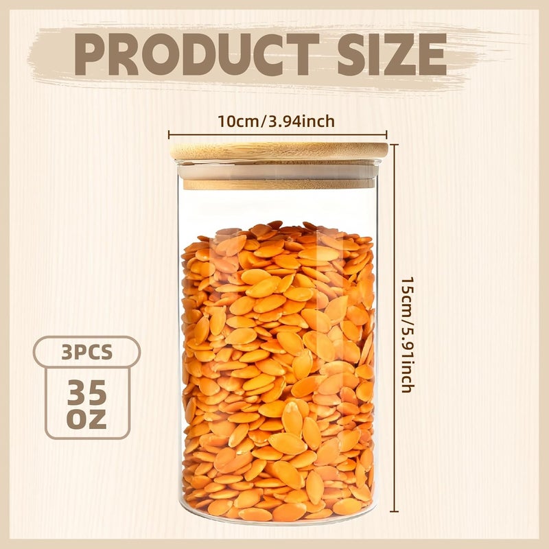 MEETOZ 1000ml Set of 3 Glass Jars with Bamboo Lids,High Borosilicate Glass Transparent Airtight Food Storage Tank,Large Capacity Kitchen Food Containers for Spices,Coffee Beans,Oatmeal - Image 2