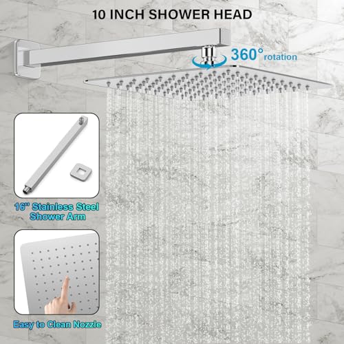 FPXRNG Shower Faucet Set Bathroom Square Rain Shower Head and Handle Set, Wall Mounted Shower Fixtures, Full Metal Trim Repair Kit 10 inch Polished Chrome (With Shower Valve) - Image 4