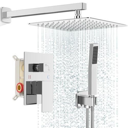 FPXRNG Shower Faucet Set Bathroom Square Rain Shower Head and Handle Set, Wall Mounted Shower Fixtures, Full Metal Trim Repair Kit 10 inch Polished Chrome (With Shower Valve) - Image 1