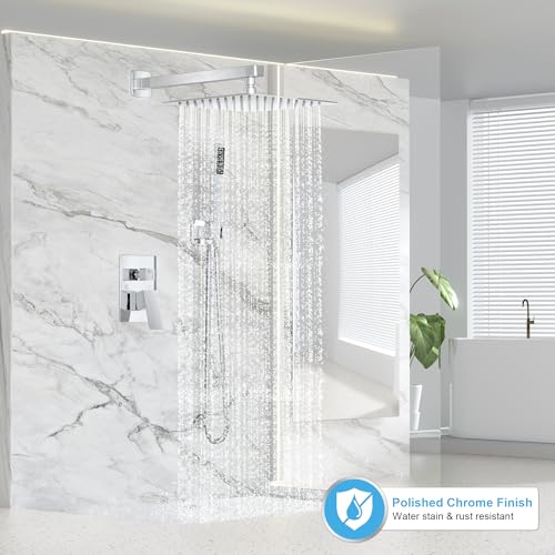 FPXRNG Shower Faucet Set Bathroom Square Rain Shower Head and Handle Set, Wall Mounted Shower Fixtures, Full Metal Trim Repair Kit 10 inch Polished Chrome (With Shower Valve) - Image 2