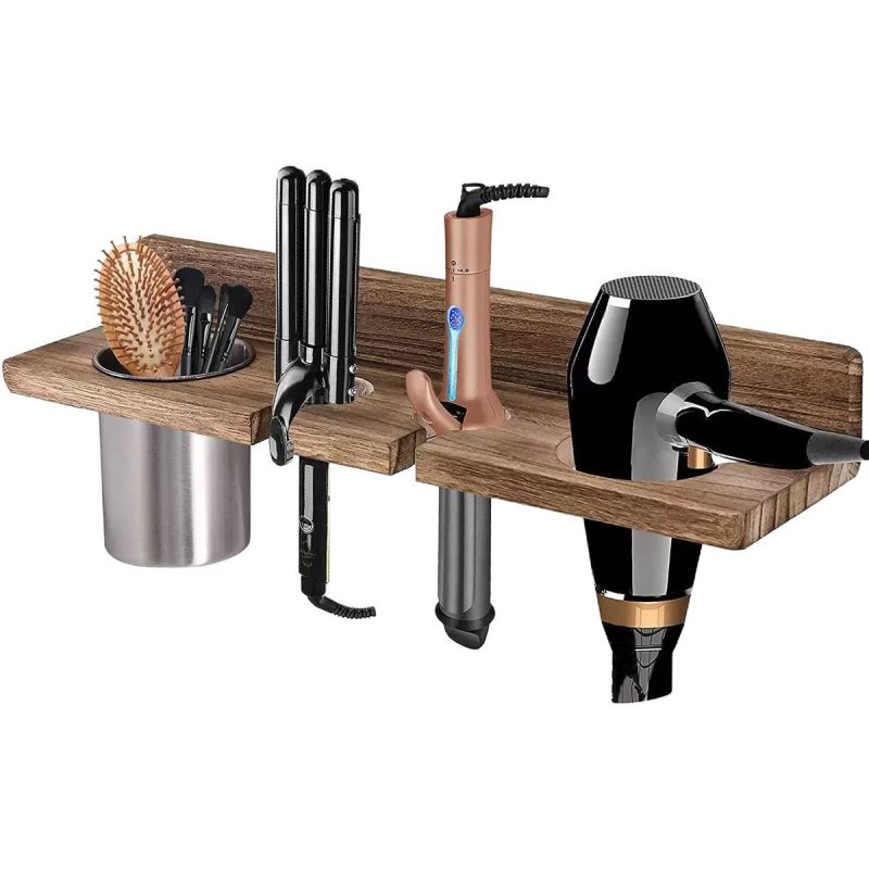 Hairdryer Holder Wooden Wall Shelf Retro Charm For Vanity Spaces - Space-Saving Wall Mounted Storage Styling Tool Organizer For Small Bathroom - Image 1