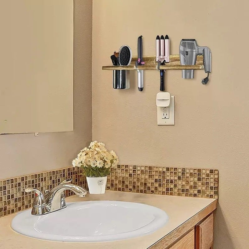 Hairdryer Holder Wooden Wall Shelf Retro Charm For Vanity Spaces - Space-Saving Wall Mounted Storage Styling Tool Organizer For Small Bathroom - Image 2