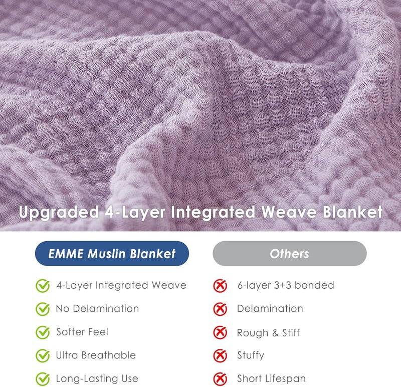 EMME Cotton Throw Blanket 100% Muslin Soft Blanket for Couch Breathable Gauze All Season Soft and Lightweight Pre-Washed Cotton Blanket (Lavender, 127 x 177cm) - Image 5