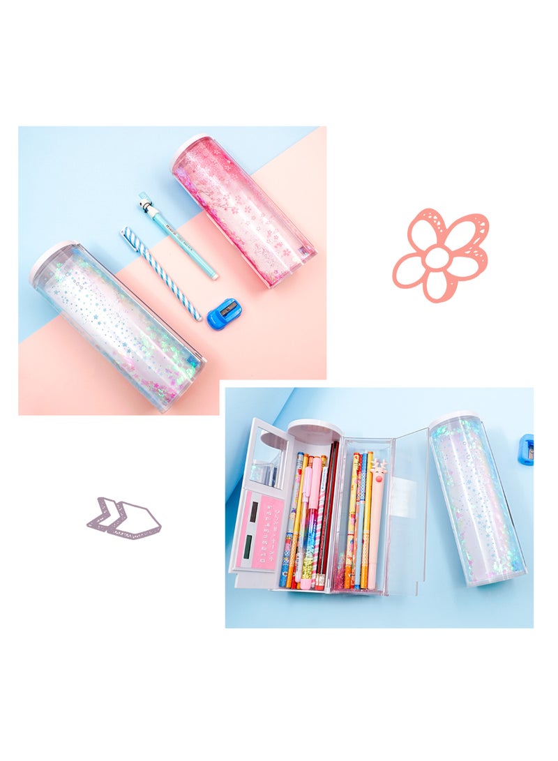 Nbx Multi-functional Quicksand Pencil Case Cartoon Pattern Magnetic Close Large Capacity Pen Holder With Mirror Solar Energy Calculator Dry Erase Marker Stationery Storage Box For Office School Teen Boys Girls Students Multicolour - Image 2