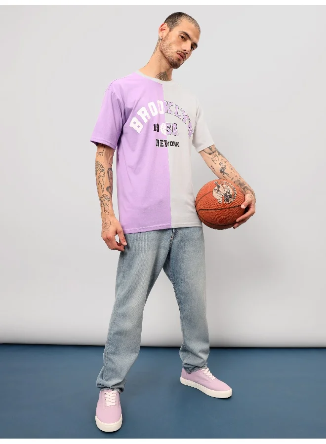Beyoung Lilac-White Color Block Oversized T-shirt for Men
