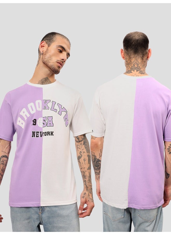 Beyoung Lilac-White Color Block Oversized T-shirt for Men  - Image 3