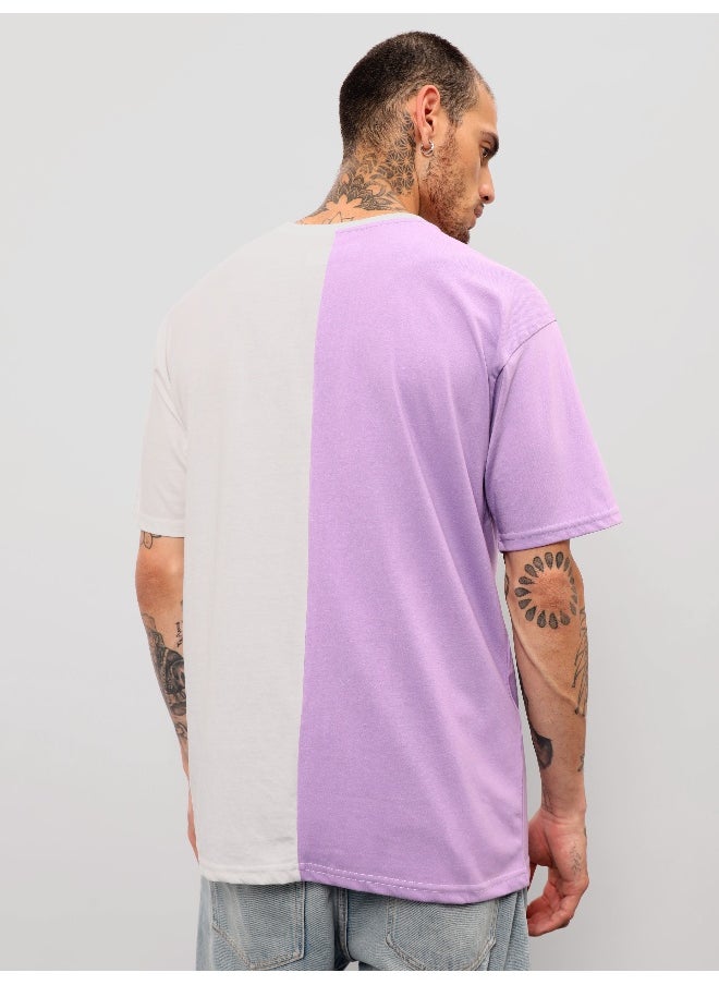 Beyoung Lilac-White Color Block Oversized T-shirt for Men  - Image 2