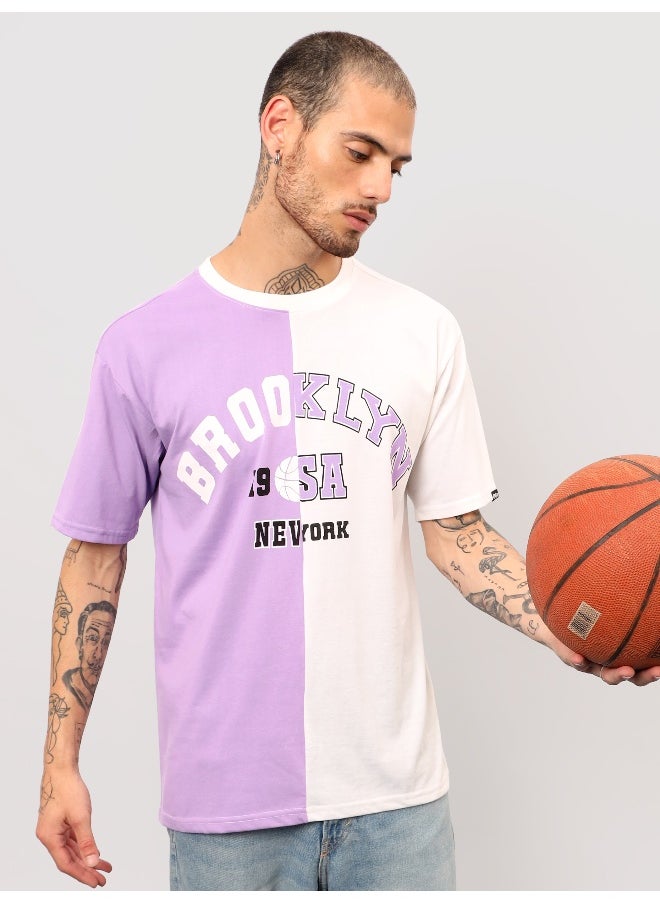 Beyoung Lilac-White Color Block Oversized T-shirt for Men  - Image 4