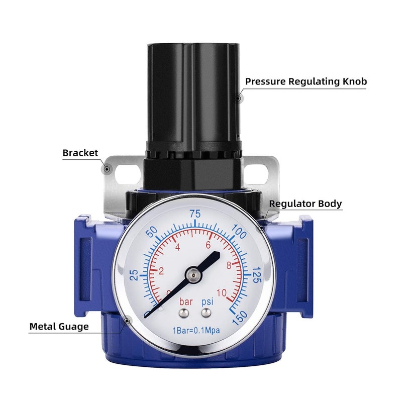 NANPU 1/4" Compressed Air Regulator, Zinc Alloy Body, 150 psi Copper Core Steel-Protected Dial Gauge ＆ Metal Bracket, for Air Compressor ＆ Pneumatic Tools - Image 2