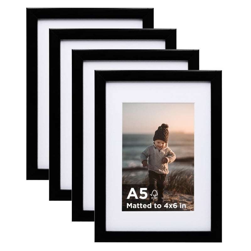 KINLINK A5 Picture Frame Black Set of 4 Wooden Photo Frames Matted 4x6 with Plexiglass for 4x6 with Mat or A5 without Mat for Table and Wall Display