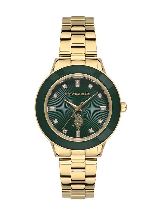 U.S. Polo Assn. U.S. Polo Assn. Fundamental 36mm Ladies' Green Dial Watch with Gold Stainless Steel Band and Abstract Green Bezel - USPA2044-05, Boldly Stylish Sophistication  - Image 1