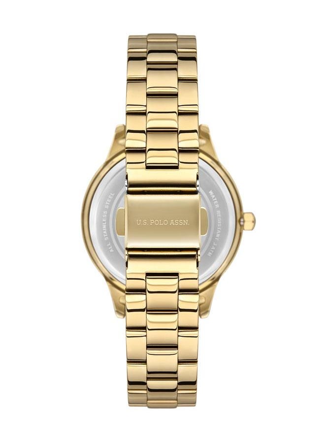 U.S. Polo Assn. U.S. Polo Assn. Fundamental 36mm Ladies' Green Dial Watch with Gold Stainless Steel Band and Abstract Green Bezel - USPA2044-05, Boldly Stylish Sophistication  - Image 3