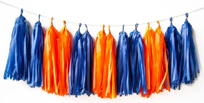 AIM & GGKK Navy Blue and Orange Tassel Garland Banner Tissue Paper Tassels for Party Suppiles Decorations,Wedding Decorations,Nursery Decor,Engagement,Football Party, DIY Kits(20PCS) - Image 1