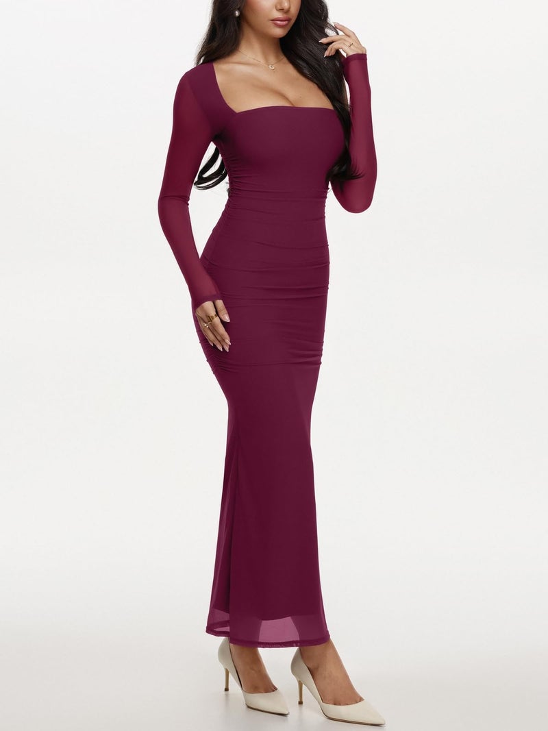 REORIA Long Sleeve Wedding Guest Maxi Dresses for Women Sheer Mesh Square Neck Ruched Bodycon Long Dress 2026 Spring Outfits Cordovan Medium - Image 2