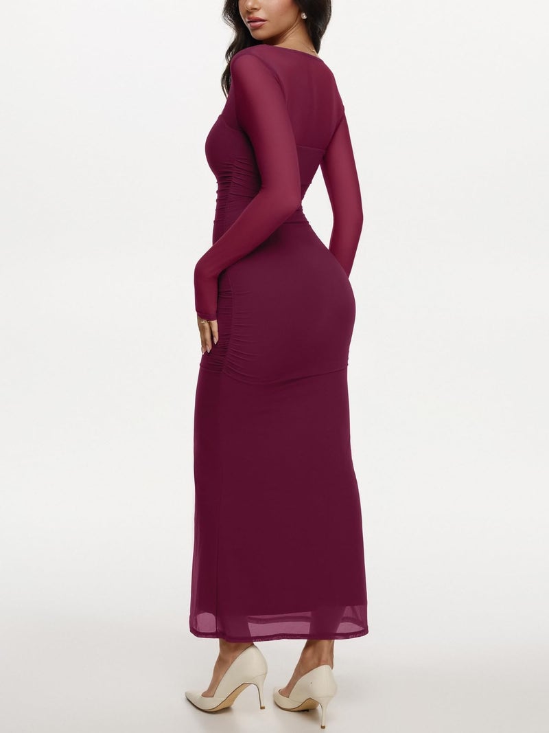 REORIA Long Sleeve Wedding Guest Maxi Dresses for Women Sheer Mesh Square Neck Ruched Bodycon Long Dress 2026 Spring Outfits Cordovan Medium - Image 4