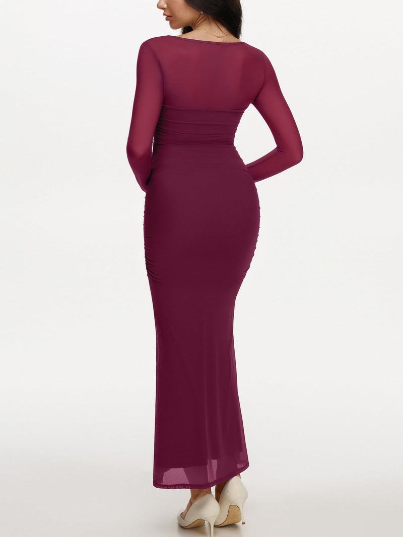 REORIA Long Sleeve Wedding Guest Maxi Dresses for Women Sheer Mesh Square Neck Ruched Bodycon Long Dress 2026 Spring Outfits Cordovan Medium - Image 5