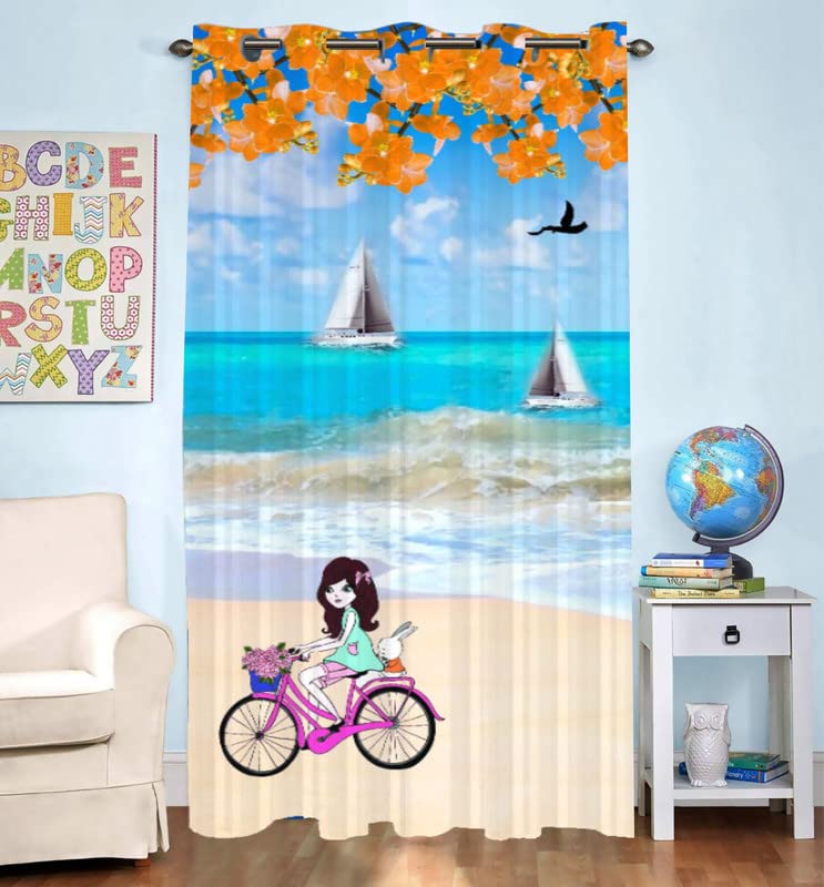 Newturn Textiles Luxurious Curtain Beach with Girl Design for Kids Bedroom Door Curtain Machine Wash Eyelets HD Print Semi Transparent Pack of 1 Door 8ft  - Image 1
