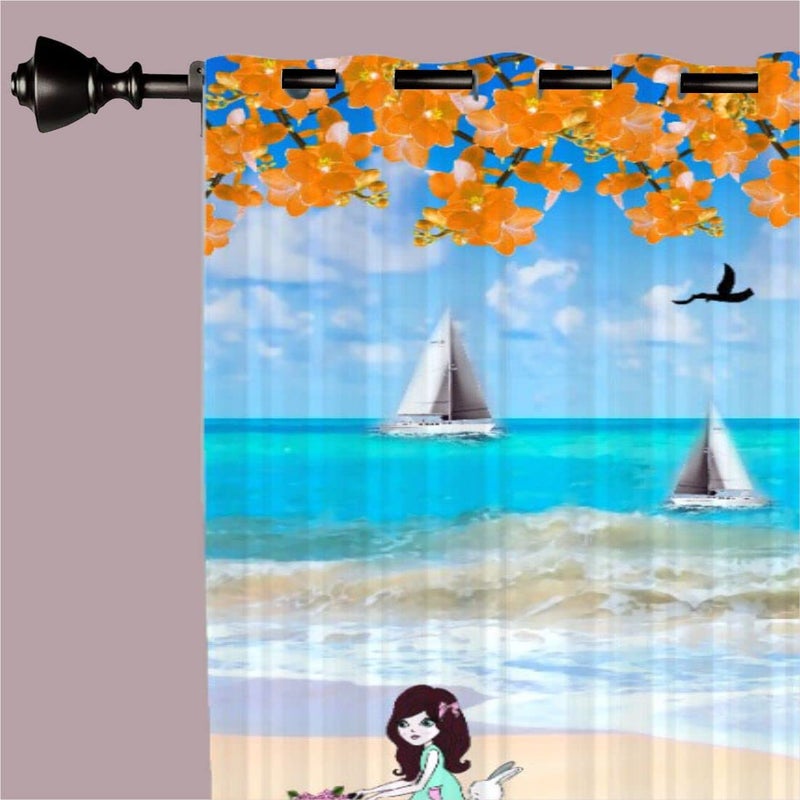 Newturn Textiles Luxurious Curtain Beach with Girl Design for Kids Bedroom Door Curtain Machine Wash Eyelets HD Print Semi Transparent Pack of 1 Door 8ft  - Image 2