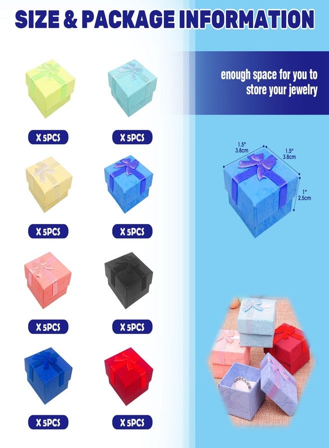 Waltool 40Pcs 1.57" x1.57" Empty Jewelry Gift Boxes with Lids for Rings and Earring, Cardboard Jewelry Boxes with Decorative Ribbon Knot for Anniversaries, Weddings, Birthdays-8 Colors - Image 2