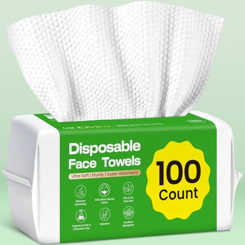 Elvira 100 Count Disposable Face Towels, Biodegradable Facial Cleansing Towels, Ultra Soft & Thick Cloth for Sensitive Skin, Makeup Remover Dry Wipes, Lint-Free Towelettes for Cleansing - Image 1