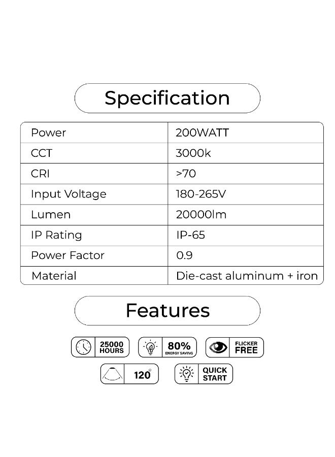 Pixelights 200W LED Flood Light, Warm- 3000K, IP65, 25000Hr Life, 2years Warranty, suitable for Garden, Playground, Garage, Factories, Parking Lot, Park, Playground etc. Part#PIXEL62200WW - Image 4