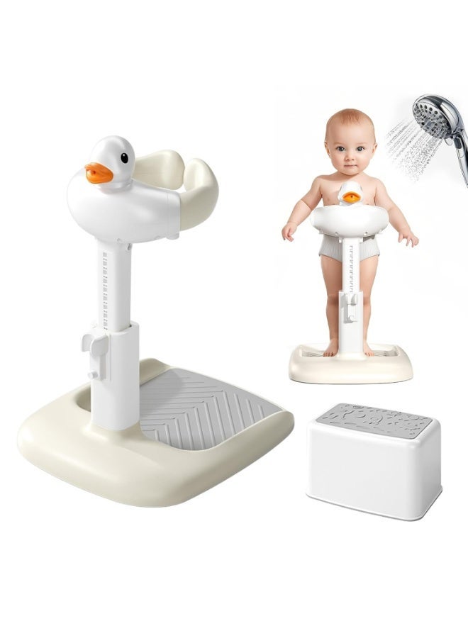 دعم منصة حفلة الطفل ، حامل حمام قابل للتعديل بقاعدة مضادة للانزلاق ، مساعدة في الاستحمام ، برج دعم استحمام ذكي بتدفق مياه متصل ، دعم استحمام على شكل بطة لطيفة للأطفال والرضع (رمادي فاتح) - Image 1