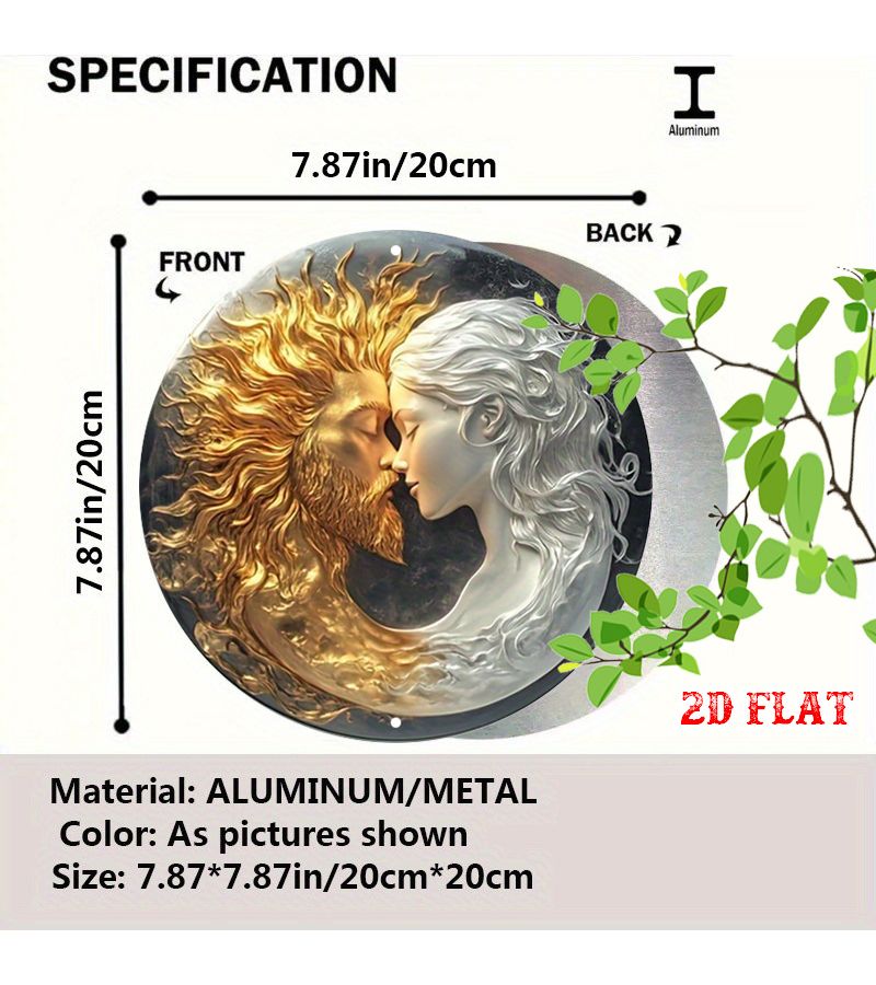 7.8 × 7.8 بوصة لافتة ألمنيوم 2D مسطحة سماوية للزوجين، شكل دائري، فن جداري معدني ريفي، حب إلهي شمس وقمر عناق أبدي، ديكور منزلي - Image 2