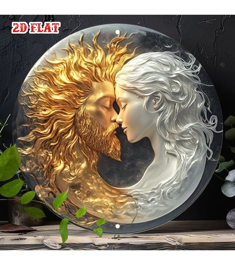 7.8 × 7.8 بوصة لافتة ألمنيوم 2D مسطحة سماوية للزوجين، شكل دائري، فن جداري معدني ريفي، حب إلهي شمس وقمر عناق أبدي، ديكور منزلي - Image 1