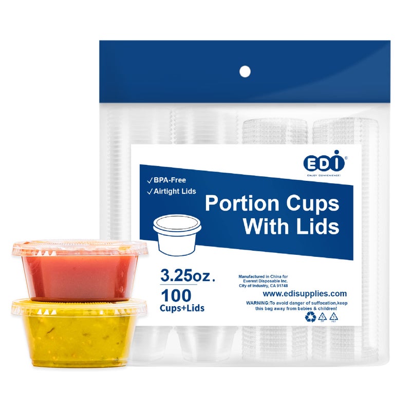 EDI EDI Clear Disposable Plastic Portion Cups with Leakproof Lids  Jello Shot  Condiment Cups  325 OZ 100 Sets  BPA Free  Recyclable 