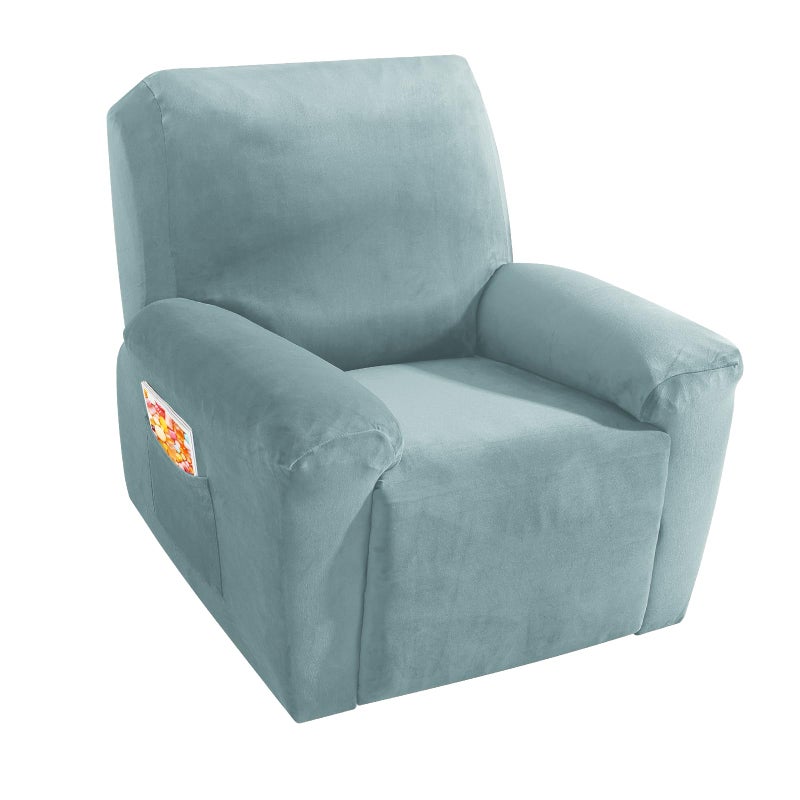MAXIJIN Velvet 4 Piece Recliner Cover Stretch Plush Soft Recliner Chair Covers Thick Soft Reclining Chair Slipcovers Furniture Protector with Side Pocket for Kids Pets Dusty Blue