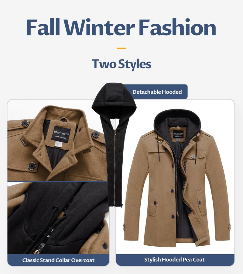 CREATMO US Wool Coat Men Trench Coats Jacket Casual Fall Men's Winter Stylish Blend Single Breasted Military Peacoat Khaki XL - Image 4