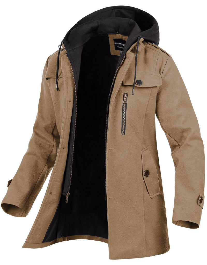 CREATMO US Wool Coat Men Trench Coats Jacket Casual Fall Men's Winter Stylish Blend Single Breasted Military Peacoat Khaki XL - Image 2